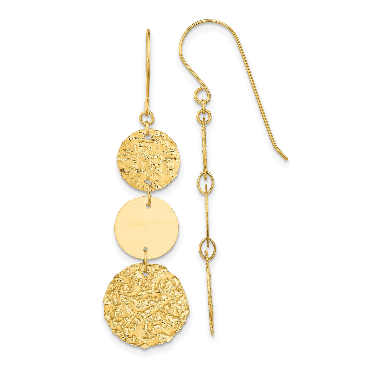 14k Yellow Gold Dangle Earrings with Three Textured Polished Disc Drops, Modern Hammered Design