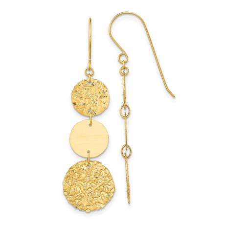 14k Yellow Gold Dangle Earrings with Three Textured Polished Disc Drops, Modern Hammered Design