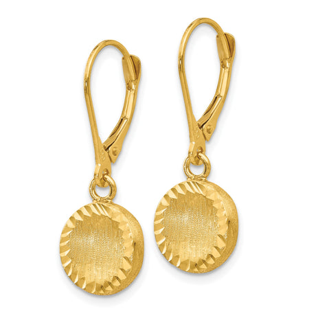 14k Yellow Gold Dangle Earrings, Textured Round Disk with Faceted Edge, Leverback Closure