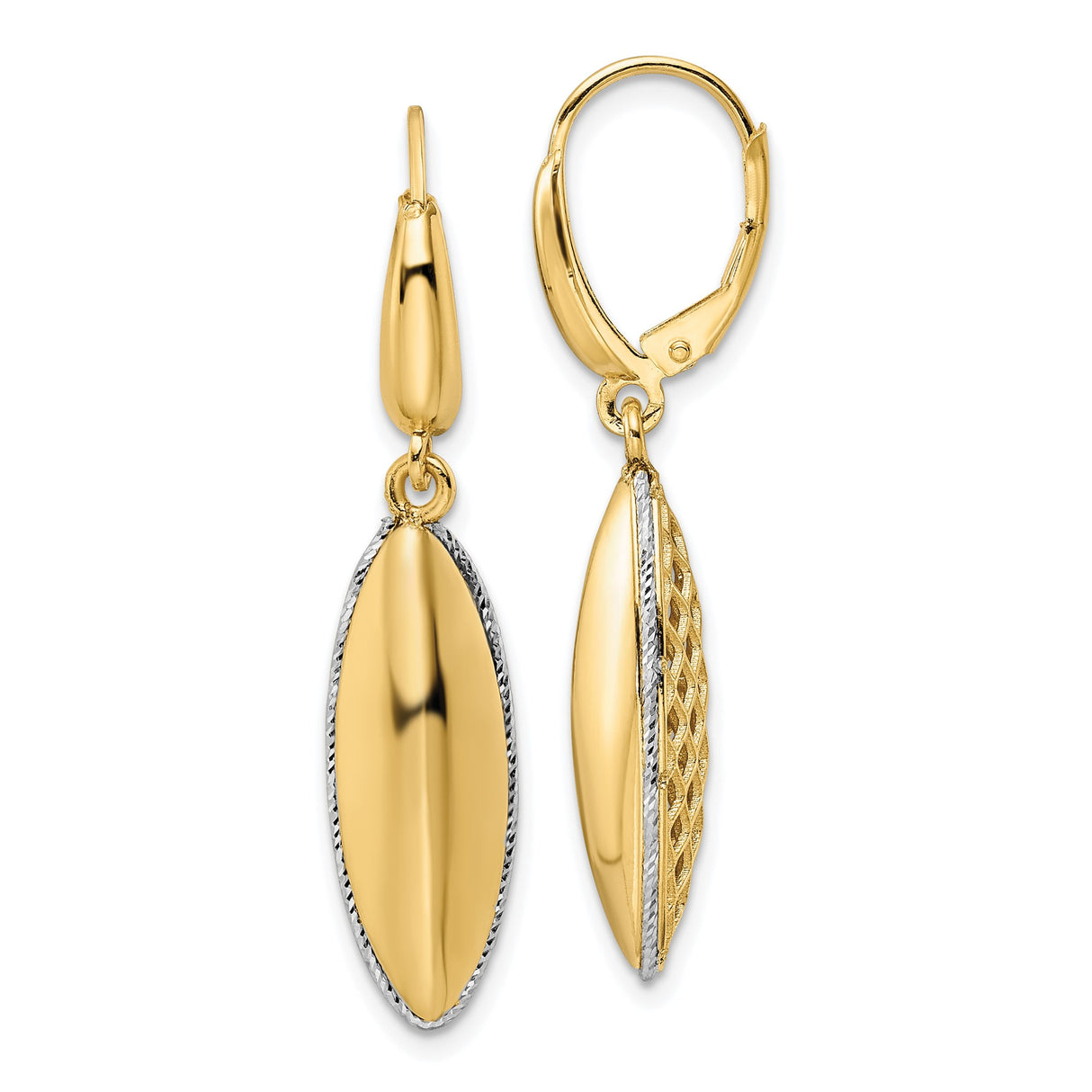 14k Two-Tone Gold Dangle Earrings with Marquise Drop and Diamond-Cut Detailing
