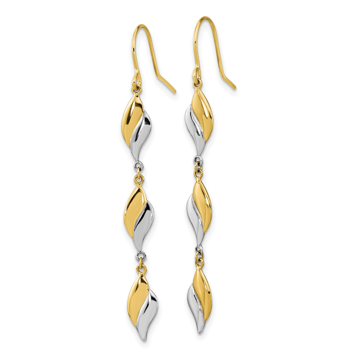 14k Two Tone Gold Dangle Earrings with Twisted Leaf Links, Long Drop Design
