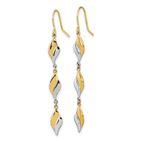 14k Two Tone Gold Dangle Earrings with Twisted Leaf Links, Long Drop Design