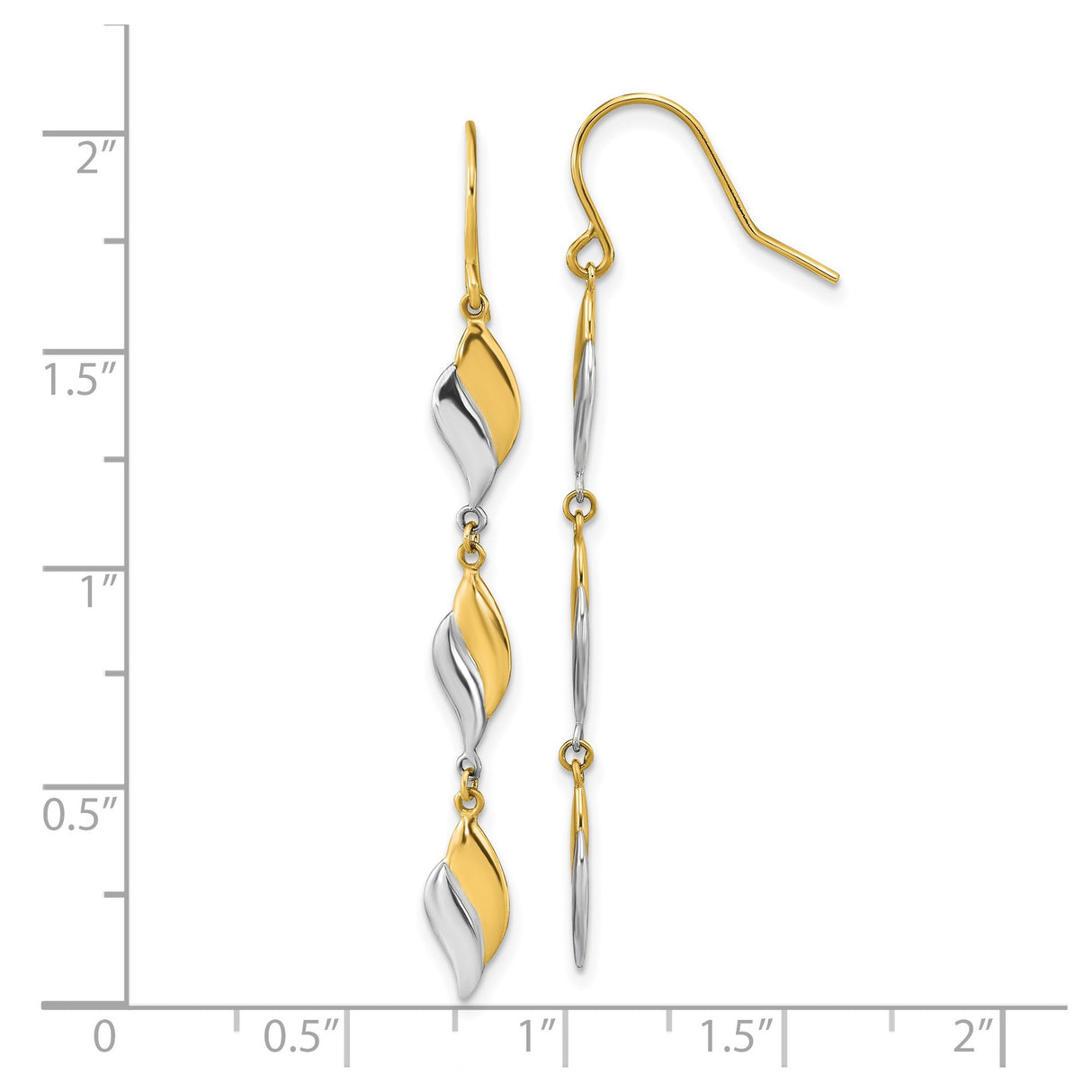 14k Two Tone Gold Dangle Earrings with Twisted Leaf Links, Long Drop Design