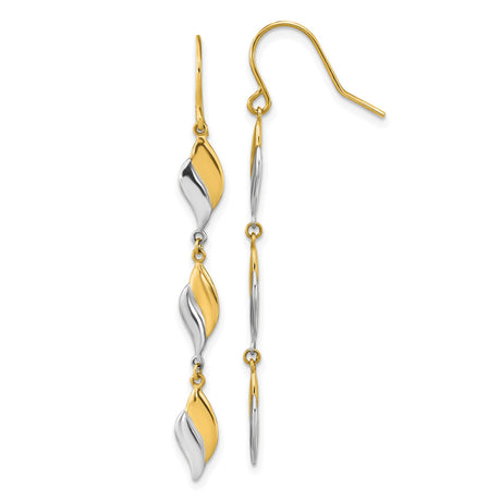 14k Two Tone Gold Dangle Earrings with Twisted Leaf Links, Long Drop Design