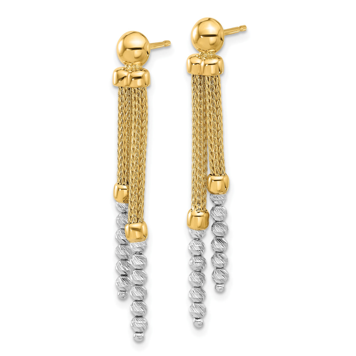 14k Two-Tone Gold Dangle Earrings with Yellow Gold Mesh Chains and White Gold Spiral Beads