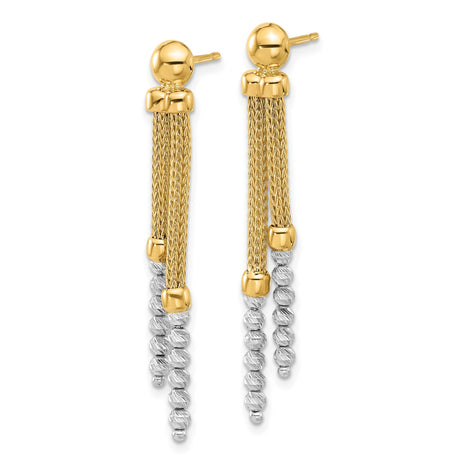 14k Two-Tone Gold Dangle Earrings with Yellow Gold Mesh Chains and White Gold Spiral Beads