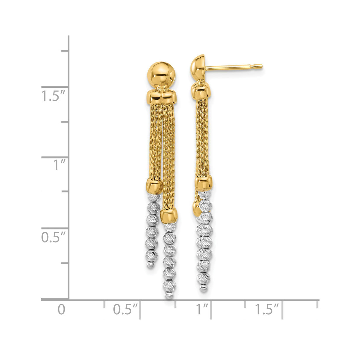 14k Two-Tone Gold Dangle Earrings with Yellow Gold Mesh Chains and White Gold Spiral Beads