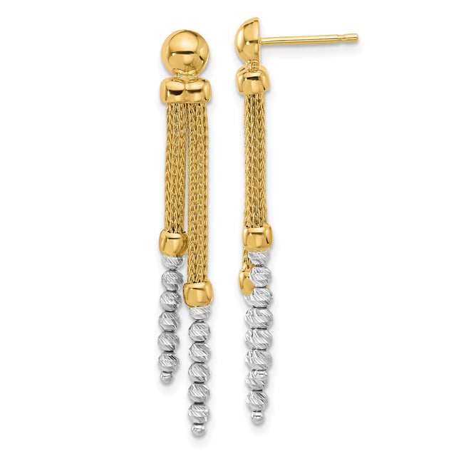 14k Two-Tone Gold Dangle Earrings with Yellow Gold Mesh Chains and White Gold Spiral Beads
