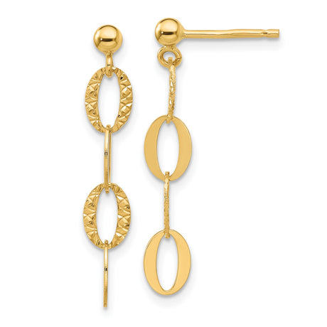 14k Yellow Gold Dangle Earrings, Diamond-Cut Oval Link, Polished Drop Style for Women