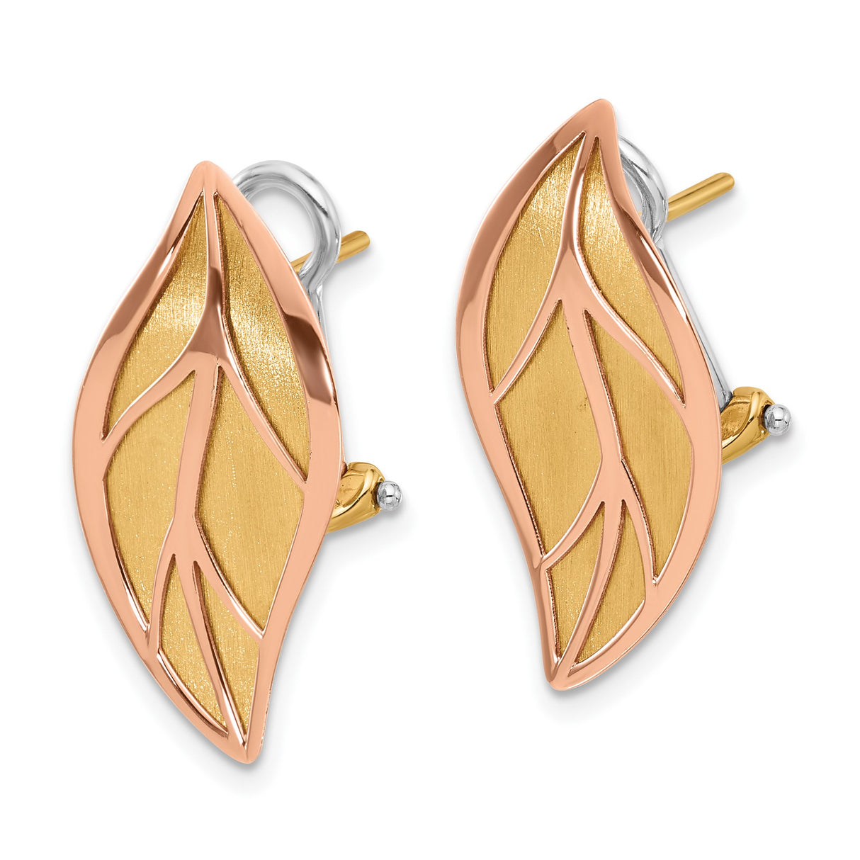 14k Two-Tone Gold Leaf Earrings with Polished Rose Gold Outline and Brushed Yellow Finish