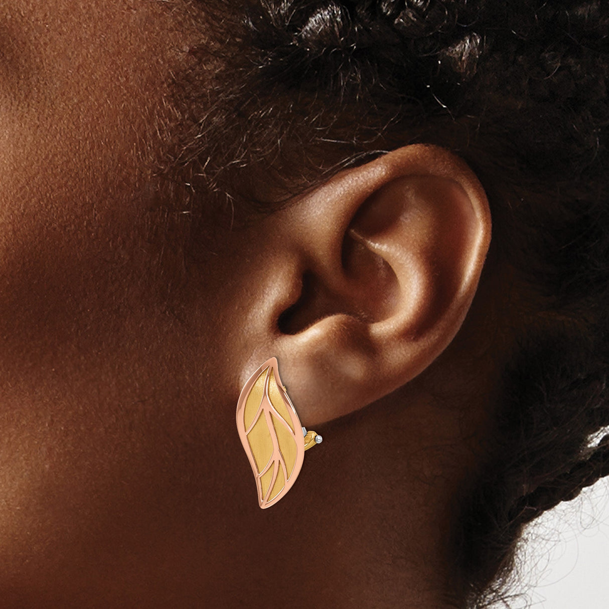 14k Two-Tone Gold Leaf Earrings with Polished Rose Gold Outline and Brushed Yellow Finish