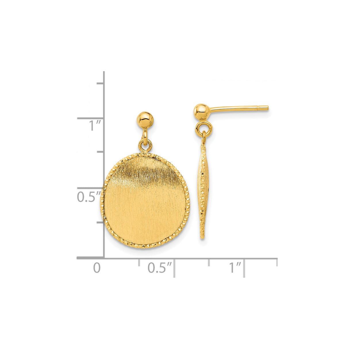 14k Yellow Gold Dangle Earrings with Textured Round Disc and Diamond-Cut Border
