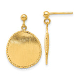 14k Yellow Gold Dangle Earrings with Textured Round Disc and Diamond-Cut Border