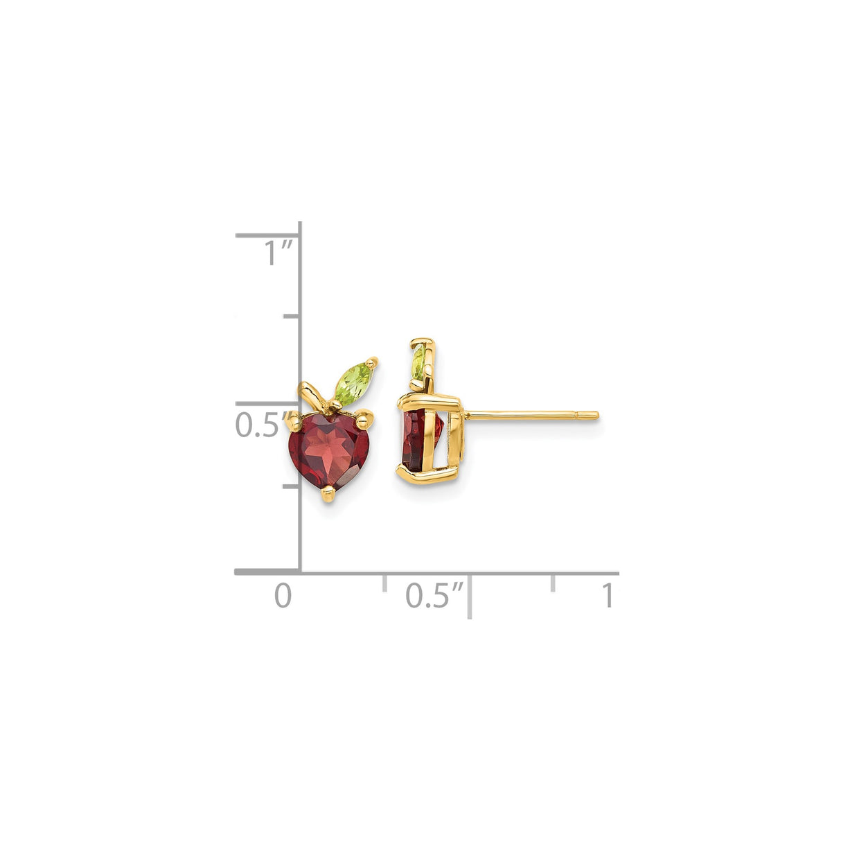 14k Yellow Gold Stud Earrings with Garnet and Peridot, Apple Heart Motif, Nature Inspired Jewelry