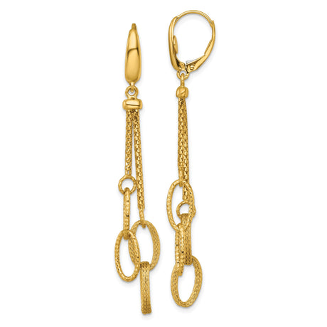14k Yellow Gold Dangle Earrings with Textured Oval Chain Links and Leverbacks