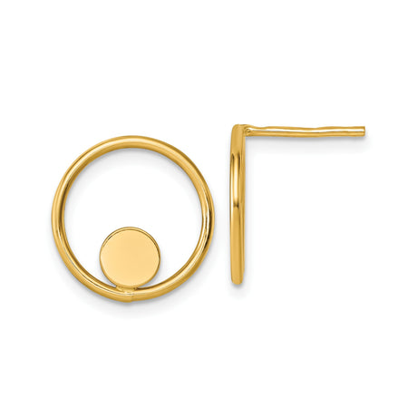 14k Yellow Gold Open Circle Stud Earrings, Flat Polished Disc, Modern Minimalist Style