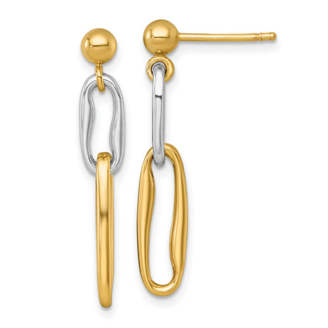 14k Yellow Gold Dangle Earrings with Interlocking Oval Links, Two Tone Minimalist Design for Women