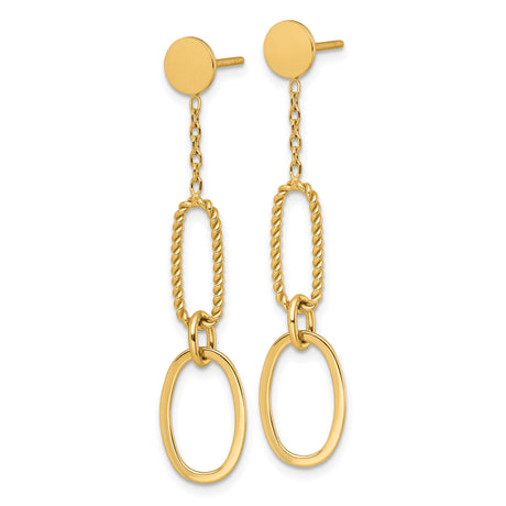 14k Yellow Gold Dangle Earrings with Geometric Chain Link and Rope Textured Oval Drops