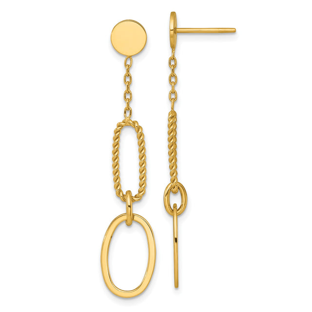 14k Yellow Gold Dangle Earrings with Geometric Chain Link and Rope Textured Oval Drops