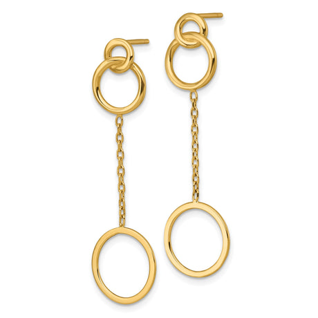 14k Yellow Gold Dangle Earrings with Open Circle Drops and Interlocking Hoop Design