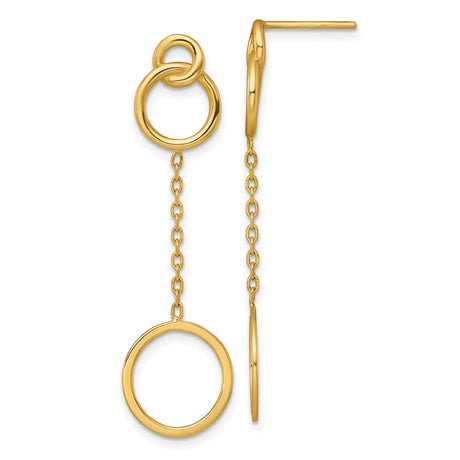 14k Yellow Gold Dangle Earrings with Open Circle Drops and Interlocking Hoop Design