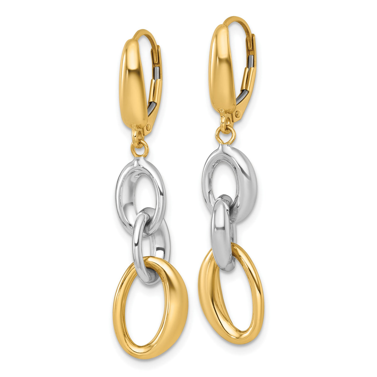 14k Yellow Gold Dangle Earrings with Interlocking Oval Links, Two-Tone Leverback Design for Women