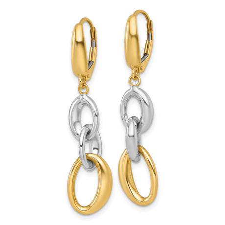 14k Yellow Gold Dangle Earrings with Interlocking Oval Links, Two-Tone Leverback Design for Women