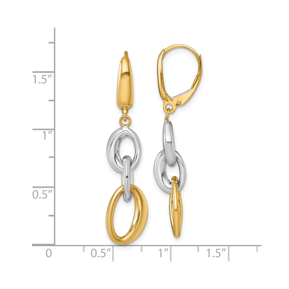 14k Yellow Gold Dangle Earrings with Interlocking Oval Links, Two-Tone Leverback Design for Women