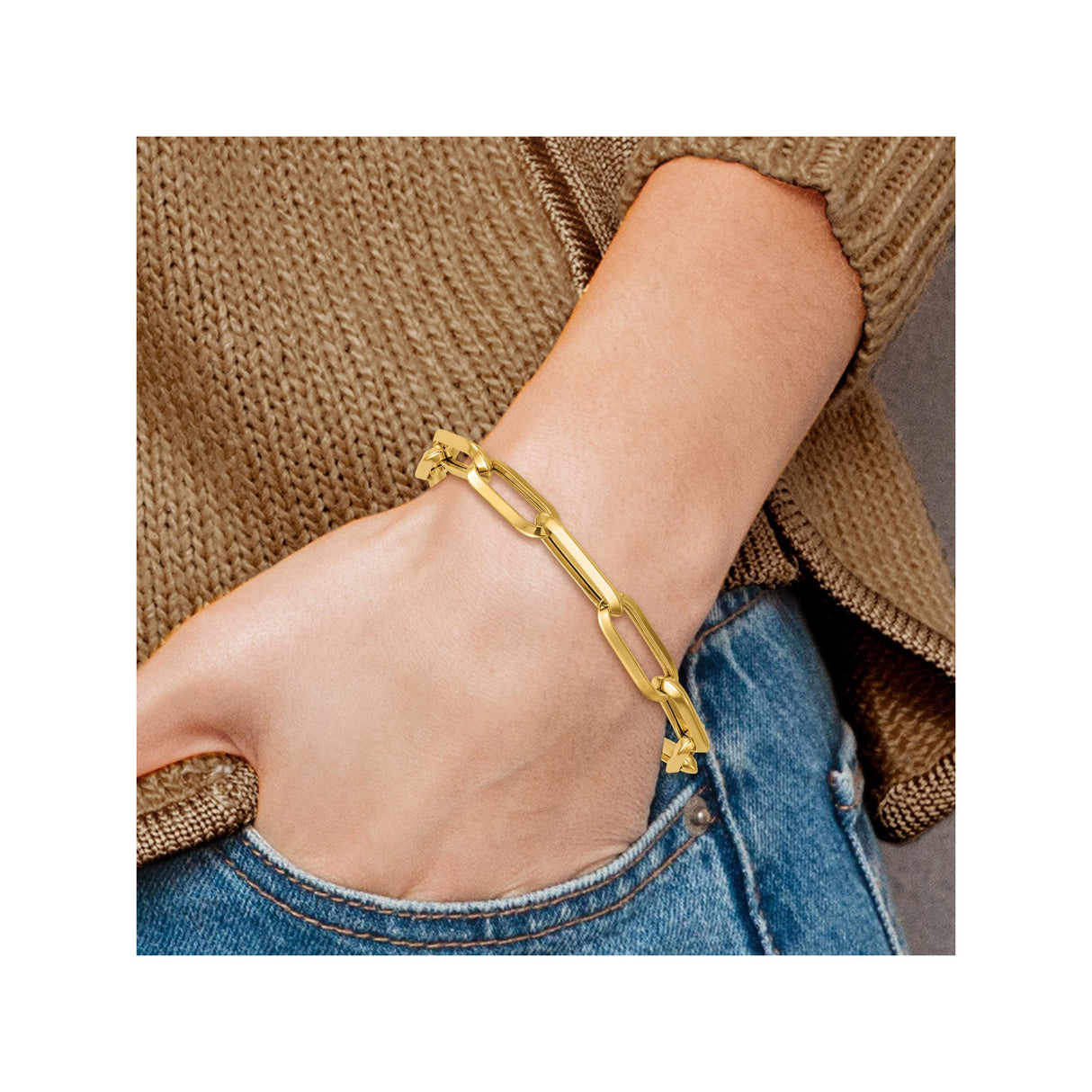 14K Yellow Gold 7 mm Paperclip Chain Bracelet, Polished detail view