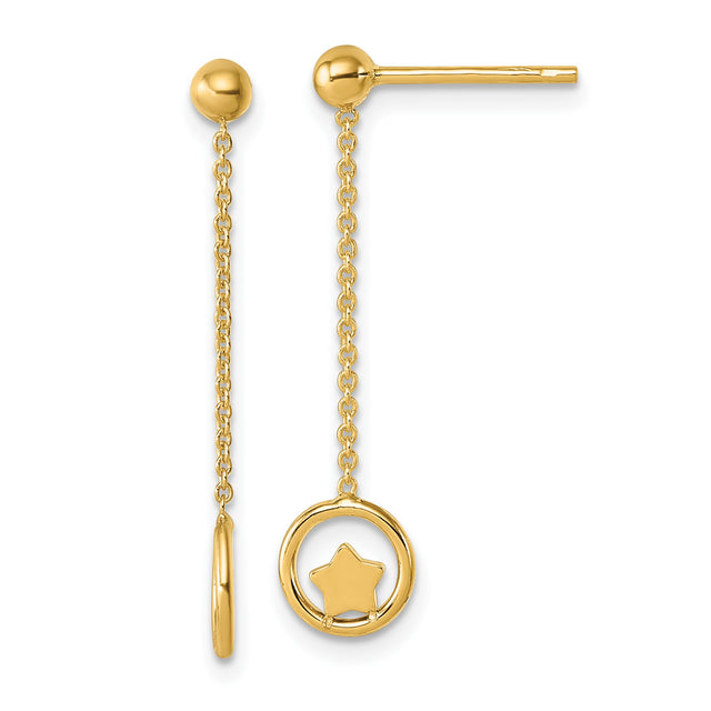 14k Yellow Gold Dangle Earrings with Chain Drop and Polished Star in Circle Design