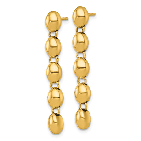 14k Yellow Gold Dangle Earrings with Linked Oval Beads, High Polish Drop Design