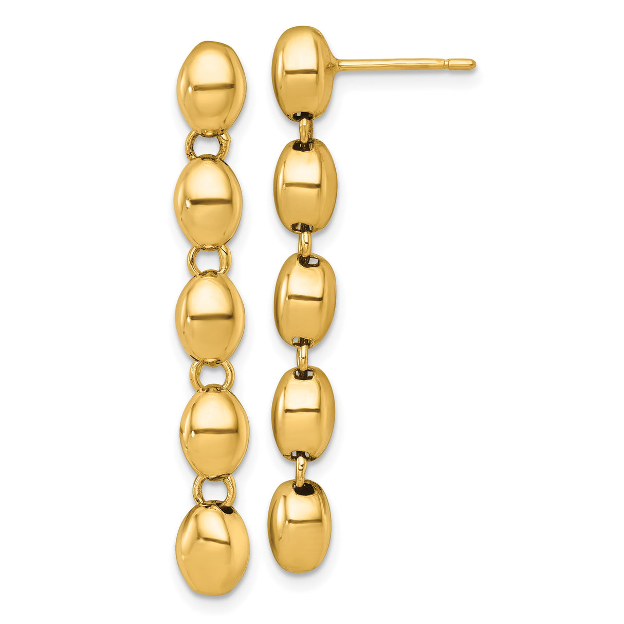 14k Yellow Gold Dangle Earrings with Linked Oval Beads, High Polish Drop Design