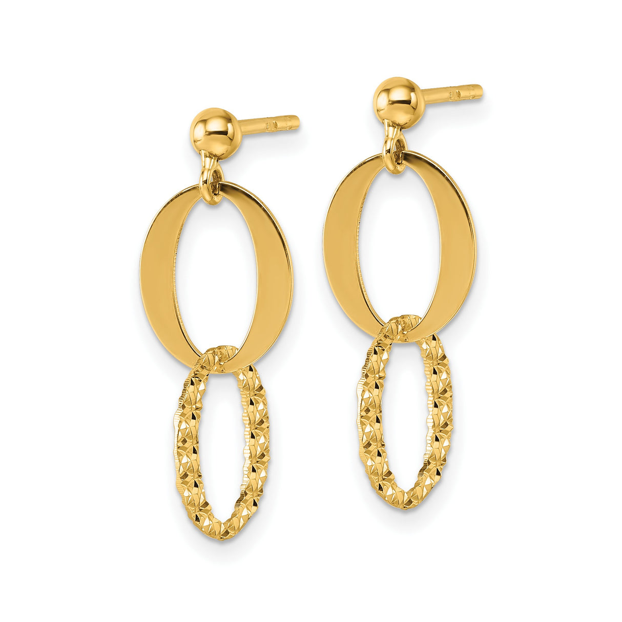 14k Yellow Gold Dangle Earrings with Dual Interlocking Ovals, Polished and Diamond-Cut Finish