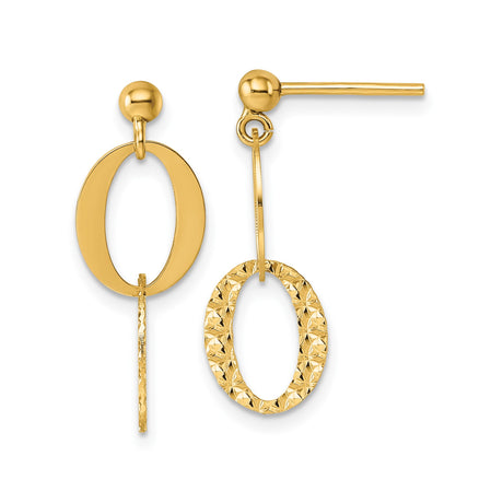 14k Yellow Gold Dangle Earrings with Dual Interlocking Ovals, Polished and Diamond-Cut Finish