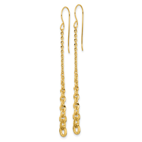 14k Yellow Gold Dangle Earrings, Long Chain Link Drop Style with Shepherd Hook Backs
