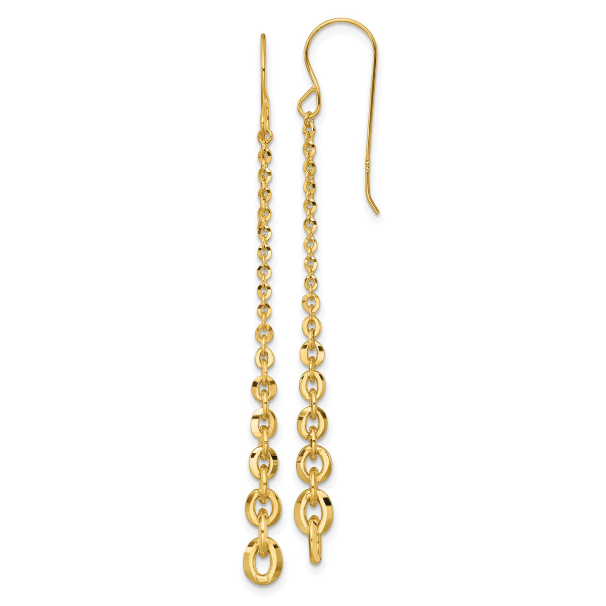 14k Yellow Gold Dangle Earrings, Long Chain Link Drop Style with Shepherd Hook Backs