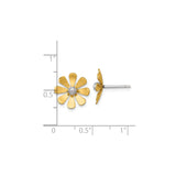 14k Yellow Gold Daisy Stud Earrings with Rhodium Center and Polished Petals, Floral Design for Women