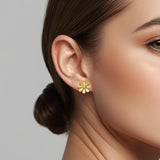 14k Yellow Gold Daisy Stud Earrings with Rhodium Center and Polished Petals, Floral Design for Women