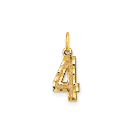 14k Yellow Gold Number 4 Pendant Charm, Textured Satin and Polished Finish, Unisex Jewelry