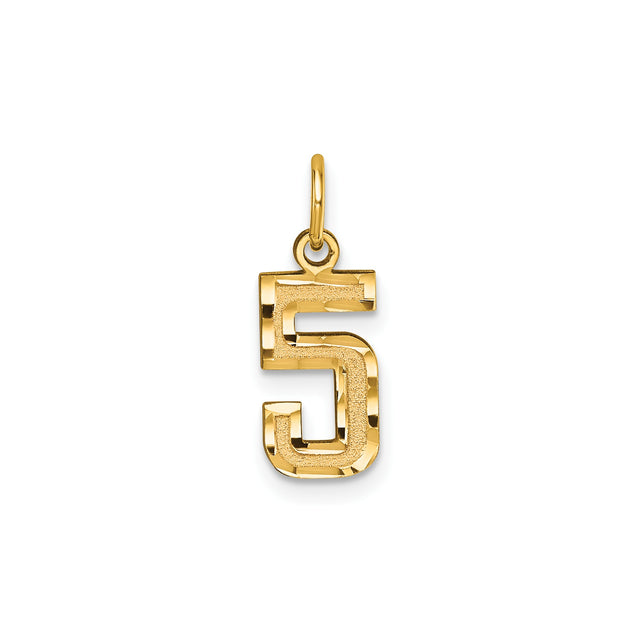 14k Yellow Gold Number 5 Pendant Charm with Polished and Textured Finish, Unisex Design