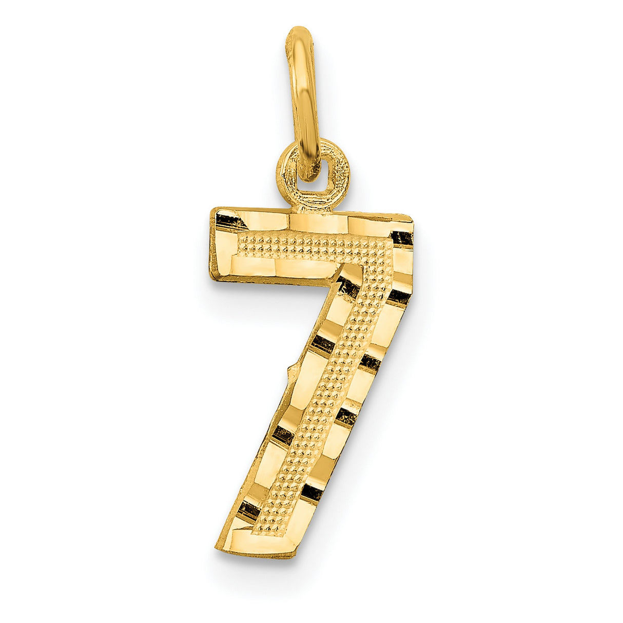 14k Yellow Gold Number 7 Pendant Charm, Textured and Polished Finish, Lucky Seven Design
