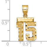 14k Yellow Gold Number 15 Pendant, Polished and Textured Quinceañera Charm
