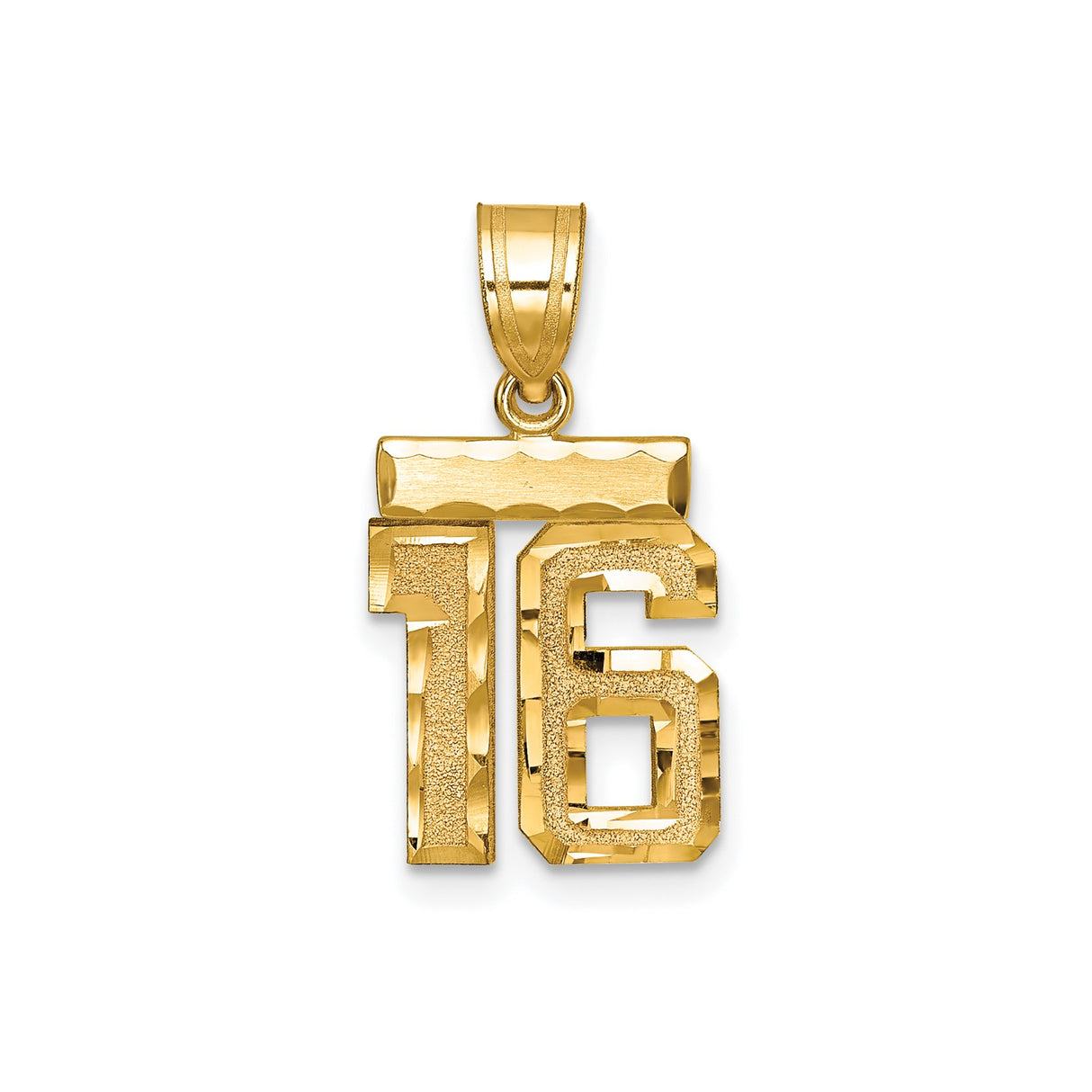 14k Yellow Gold Number 16 Pendant, Polished Textured Sweet Sixteen Charm for Women and Teens