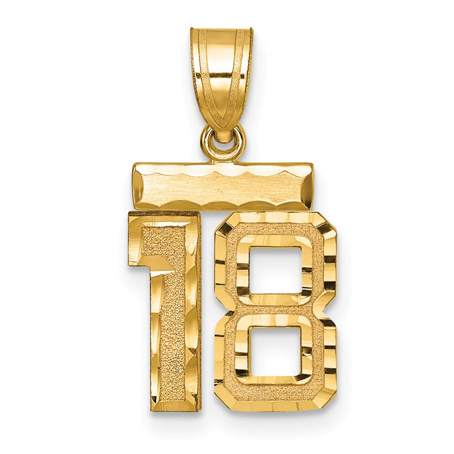 14k Yellow Gold Number 18 Pendant, Textured and Polished Chai Life Charm