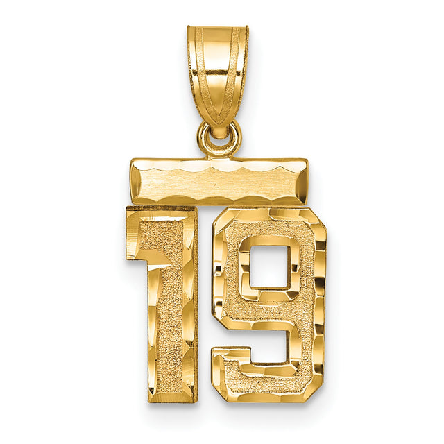 14k Yellow Gold Number 19 Pendant, Bold Block Font with Polished and Textured Finish