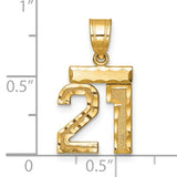 14k Yellow Gold Number 21 Pendant, Textured and Polished Finish, Milestone Charm for Men or Women