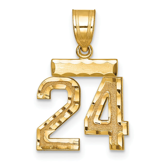 14k Yellow Gold Number 24 Pendant, Polished and Textured Jersey Sports Charm, Men's Urban Style