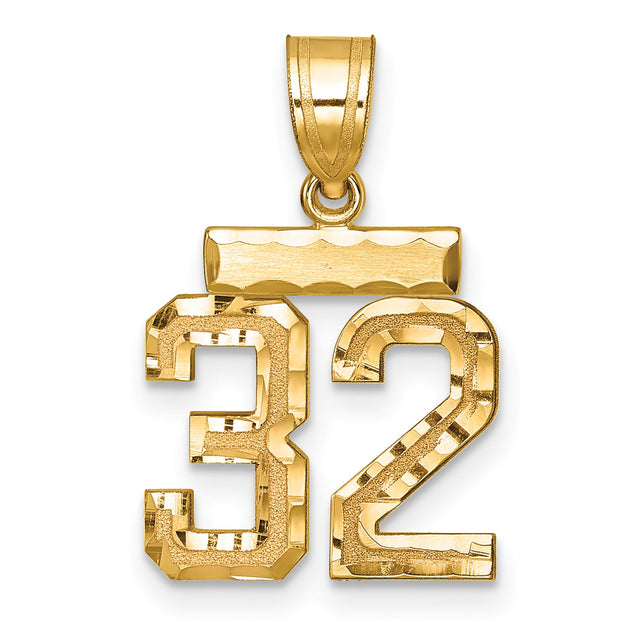 14k Yellow Gold Number 32 Pendant, High Polish Textured Sports Charm for Men or Unisex Wear