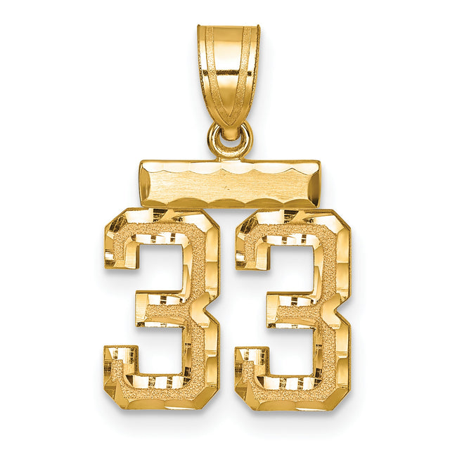 14k Yellow Gold Number 33 Pendant, High Polish and Textured Sports Charm for Men or Unisex