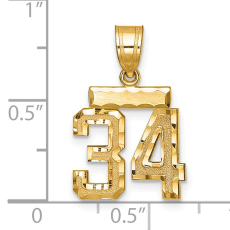 14k Yellow Gold Number 34 Pendant, Textured and Polished Jersey Style Charm for Men or Unisex